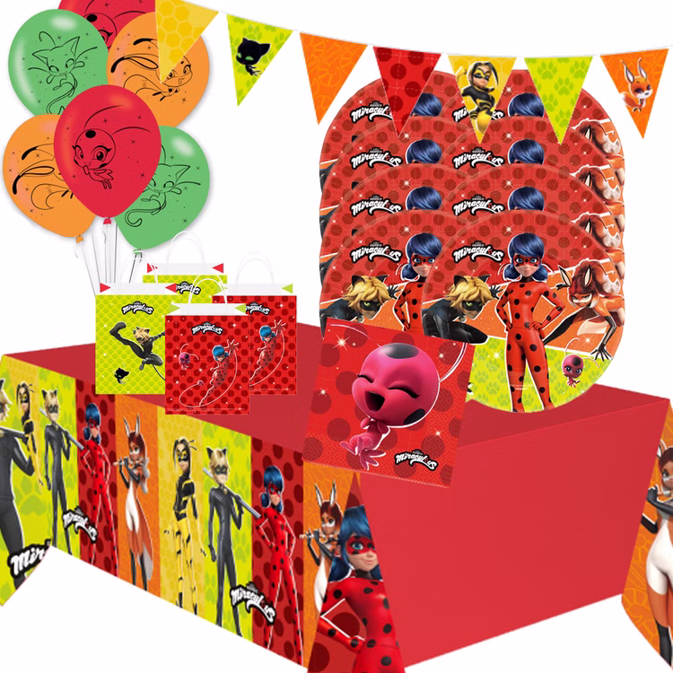 Miraculous Party-Set Ladybug & Cat-Noir Tisch-Deko 40-tlg. Party-Zubehör Kindergeburtstag gedeckter Tisch Geschirr Party-Geschirr Fasching Karneval Mottoparty Übersicht Party-Set Miraculous mit Pappgeschirr