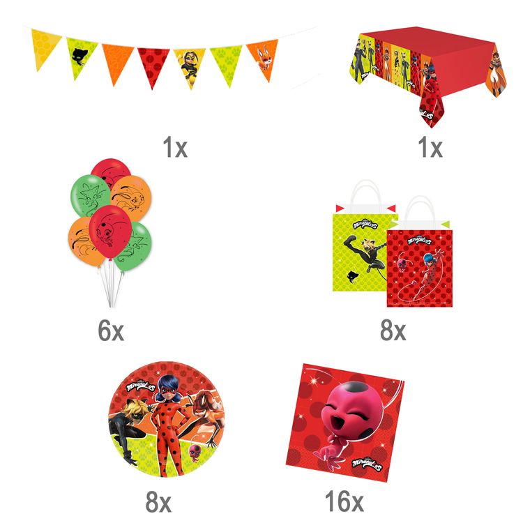 Übersicht Party-Set Miraculous mit Pappgeschirr bestehend aus 40 Teilen