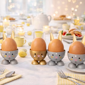 2 Eierbecher Hase Grau & Gold aus Metall Osterhase 10 cm gedeckter Tisch Ostern Oster-Deko Dekoration Frühling Osterfest Osterbrunch Tisch-Deko Hasen-Eierbecher in Gold und Grau mit Eiern auf gedecktem Ostertisch mit Kerzen und Frühlingsdeko.