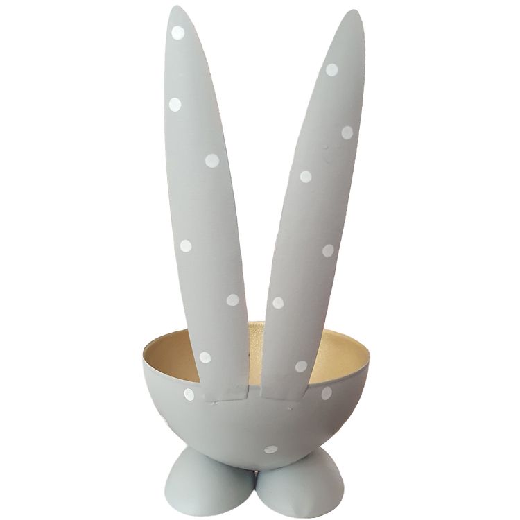 2 Eierbecher Hase Grau & Gold aus Metall Osterhase 10 cm gedeckter Tisch Ostern Zwei Osterhasen-Eierbecher in Gold und Grau mit langen Ohren und Herz-Nase auf weißem Hintergrund.