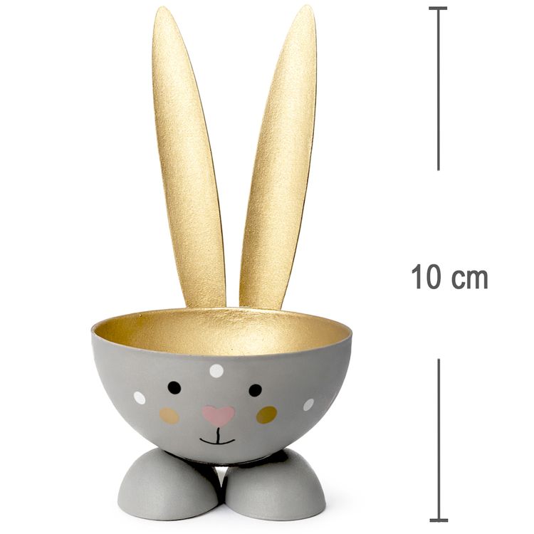 2 Eierbecher Hase Grau & Gold aus Metall Osterhase 10 cm gedeckter Tisch Ostern Zwei Osterhasen-Eierbecher in Gold und Grau mit langen Ohren und Herz-Nase auf weißem Hintergrund.