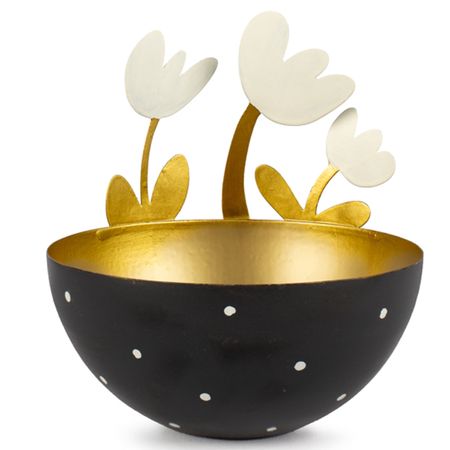 Schale aus Metall mit 3 Blumen Schwarz Gold Teelicht Ostern Frühling Tisch-Deko