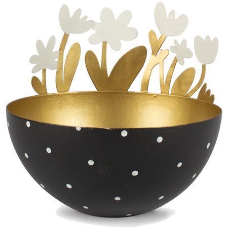Schale aus Metall mit 6 Blumen Schwarz Gold Teelicht Ostern Frühling Tisch-Deko