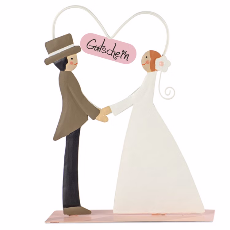 Brautpaar aus Metall 16 cm mit Herz-Clip für Gutscheine Geschenkidee zur Hochzeit Heiraten Ja ich will Brautpaar aus Metall mit Herz-Clip von der Seite mit Gutschein in der Mitte