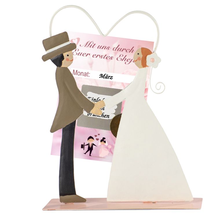 Brautpaar aus Metall 16 cm mit Herzclip für Gutscheine Geschenkidee zur Hochzeit Brautpaar aus Metall mit Herz-Clip von der Seite mit Gutschein in der Mitte