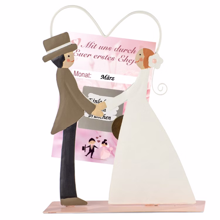 Brautpaar aus Metall 16 cm mit Herz-Clip für Gutscheine Geschenkidee zur Hochzeit Heiraten Ja ich will Brautpaar aus Metall mit Herz-Clip von der Seite mit Gutschein-Karte zum Freirubbeln