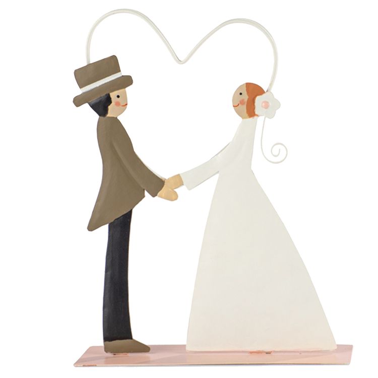 Brautpaar aus Metall 16 cm mit Herzclip für Gutscheine Geschenkidee zur Hochzeit Brautpaar aus Metall mit Herz-Clip von der Seite mit Gutschein in der Mitte