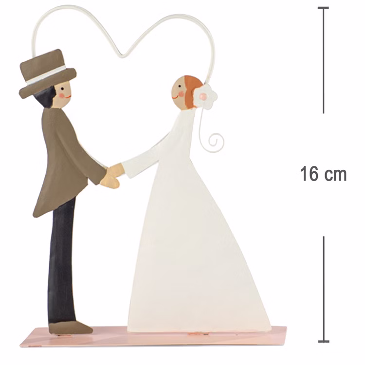 Brautpaar aus Metall 16 cm mit Herz-Clip für Gutscheine Geschenkidee zur Hochzeit Heiraten Ja ich will Brautpaar aus Metall mit Herz-Clip von der Seite mit Maßangaben von 16 Zentimeter Höhe