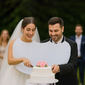 Braut & Bräutigam tragen das Doppel-Lätzchen und schneiden gemeinsam die Hochzeitstorte an