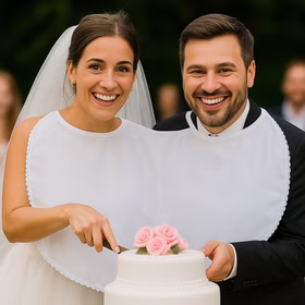 Braut & Bräutigam tragen das Doppel-Lätzchen und schneiden gemeinsam die Hochzeitstorte an