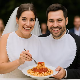 Braut & Bräutigam tragen das Doppel-Lätzchen und essen dabei einen Teller Spaghetti zusammen