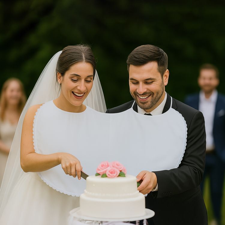Doppel-Lätzchen weiß mit Spitze Hochzeit Party-Gag für Braut & Bräutigam Braut & Bräutigam tragen das Doppel-Lätzchen und schneiden gemeinsam die Hochzeitstorte an
