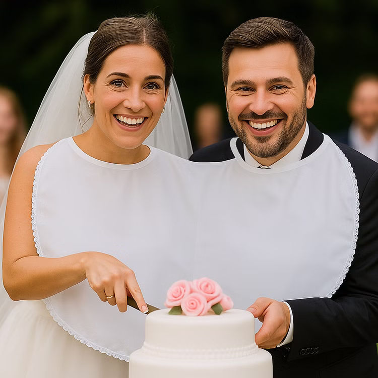 Doppel-Lätzchen weiß mit Spitze Hochzeit Party-Gag für Braut & Bräutigam Für immer zusammen Partyspiele Hochzeitsspiele Geburtstag Jubiläum Silberhochzeit Braut & Bräutigam tragen das Doppel-Lätzchen und schneiden gemeinsam die Hochzeitstorte an