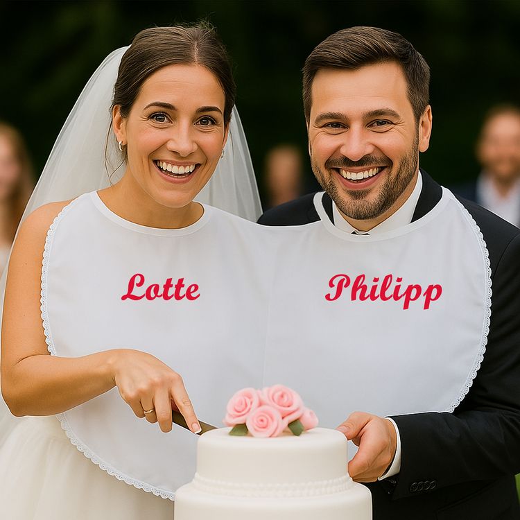 Doppel-Lätzchen mit Vorname weiß mit Spitze für zwei Personen Party-Gag Braut & Bräutigam tragen das Doppel-Lätzchen mit Wunschname & Doppelherz und essen dabei einen Teller Spaghetti zusammen