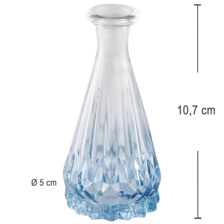 Mini Vase Alexandrin Glasvase 10,7 cm Farbverlauf Blau Tisch-Deko Kleine blaue Glasvase mit Rillenstruktur, leer, vor weißem Hintergrund.