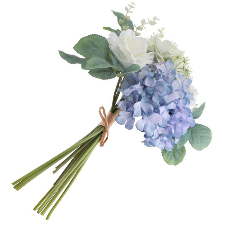 Hortensienstrauß 30 x 40 cm Kunstblumen Tischdeko Hochzeit Geburtstag Deko Strauß aus weißen Rosen, blauen Hortensien und grünen Blättern, Nahaufnahme.