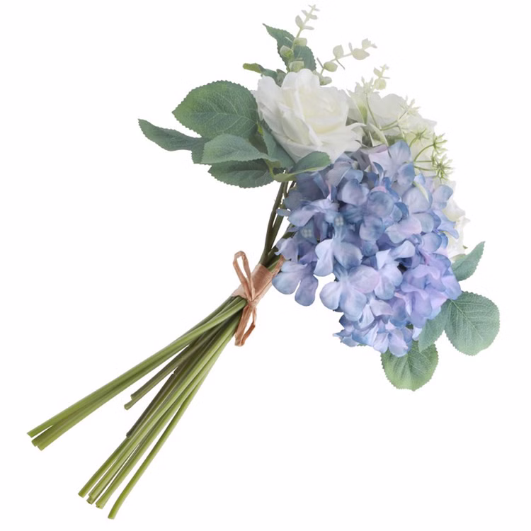 Hortensienstrauß 30 x 40 cm Kunstblumen Tischdeko Hochzeit Geburtstag Deko Tischdeko Deko-Ideen Kunstblumen Bastelbedarf Gebundener Strauß aus weißen Rosen, blauen Hortensien und grünen Blättern.