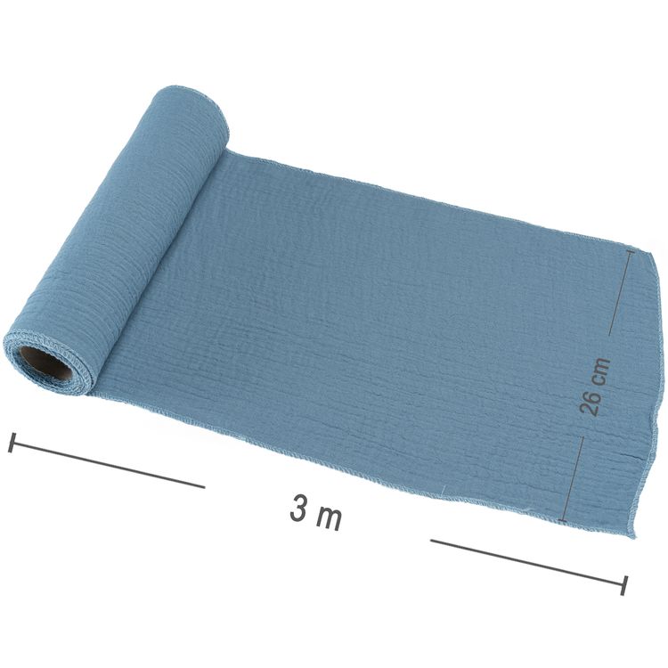 Tischläufer Stahlblau mit Waffelmuster 26 x 300 cm aus Baumwolle Tischdeko Blauer Baumwolle Tischläufer als Stoffrolle aufgerollt, teilweise abgerollt.