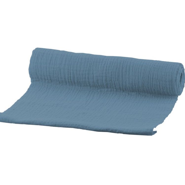 Tischläufer Stahlblau mit Waffelmuster 26 x 300 cm aus Baumwolle Tischdeko Blauer Baumwolle Tischläufer als Stoffrolle aufgerollt, teilweise abgerollt.