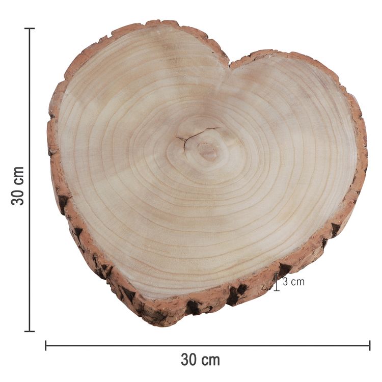 Baumscheibe Herzform Rustikales Holzherz 30 cm Tischdeko Hochzeit Geburtstag Herzförmige Baumscheibe aus Naturholz mit sichtbaren Jahresringen.
