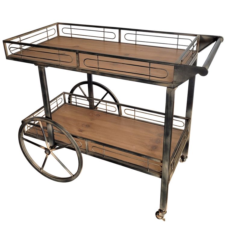 Vintage Servierwagen 94 x 54 x 77 cm Holz Metall 2 Ebenen mit Rädern Deko Vintage Servierwagen steht im Garten auf dem Rasen seitlich von Vorne
