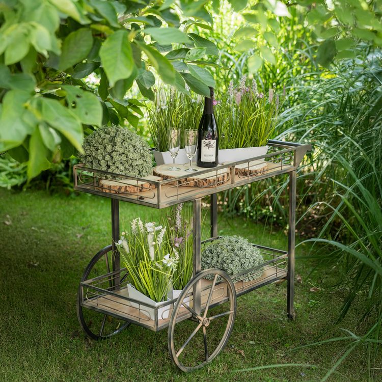Vintage Servierwagen steht im Garten auf dem Rasen seitlich von Vorne