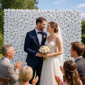 Blumenwand Weiß 100 x 300 cm künstliche Blütenwand für Hochzeit, Geburtstag & Event Fotowand festliche Deko Dekoration Brautpaar vor der Blumenwand stehend