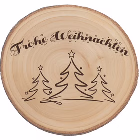 Runde Baumscheibe aus Paulownia-Holz mit dem gravierten Schriftzug „Frohe Weihnachten“ und drei stilisierten Tannen, fotografiert als Draufsicht auf weißem Hintergrund.