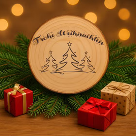 Gravierte Baumscheibe „Frohe Weihnachten“ auf Tannenzweigen, umringt von Kerzen, goldenen Christbaumkugeln und leichtem Kunstschnee vor warmem Bokeh-Hintergrund.