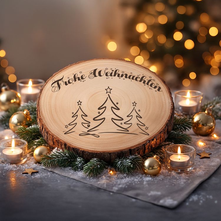 Große Baumscheibe mit Gravur, eingebettet in ein festliches Arrangement aus Tannenzweigen, goldenen Kugeln, Teelichtern und Kunstschnee, im Hintergrund warm leuchtende Bokeh-Lichter.