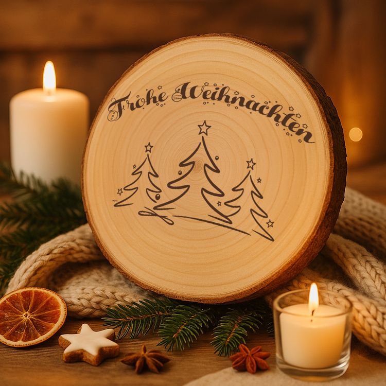 Große Baumscheibe mit Gravur, eingebettet in ein festliches Arrangement aus Tannenzweigen, goldenen Kugeln, Teelichtern und Kunstschnee, im Hintergrund warm leuchtende Bokeh-Lichter.