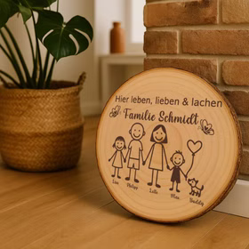 Baumscheibe 30 cm Familie Individuelles Willkommensschild mit Kindern & Hund Zuhause Deko & Geschenk Eingangsbereich Geschenk für Familie und Freunde Einzug Herzlich Willkommen Holzscheibe personalisiert Holz-Baumscheibe mit Familiengravur dekorativ an eine gemauerte Wohnzimmerwand gelehnt, daneben Pflanzenkorb und Hausdekoration.