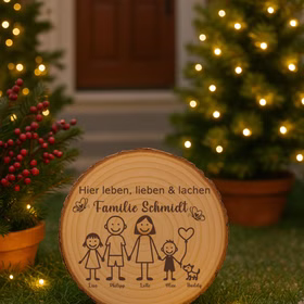 Baumscheibe 30 cm Familie Individuelles Willkommensschild mit Kindern & Hund Zuhause Deko & Geschenk Eingangsbereich Geschenk für Familie und Freunde Einzug Herzlich Willkommen Holzscheibe personalisiert Holzscheibe mit Familiengravur steht im Vorgarten zwischen dekorierten, beleuchteten Tannenbäumen und weihnachtlicher Outdoor-Deko.