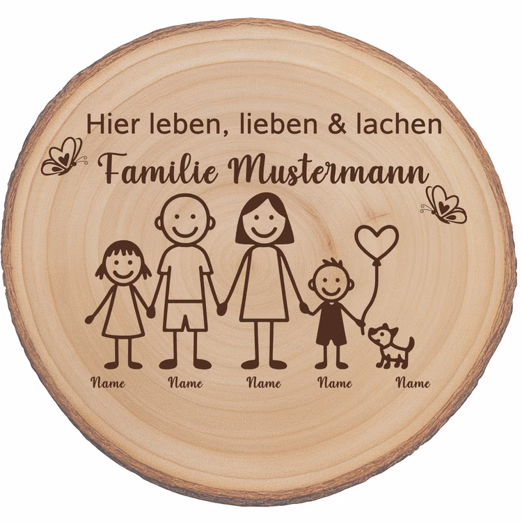 Baumscheibe 30 cm Familie Individuelles Willkommensschild mit Kindern & Hund Zuhause Deko & Geschenk Eingangsbereich Geschenk für Familie und Freunde Einzug Herzlich Willkommen Holzscheibe personalisiert Personalisierte Baumscheibe aus Paulownia-Holz mit Familienmotiv und dem Schriftzug ‚Hier leben, lieben & lachen – Familie Mustermann‘, frontal aufgenommen.