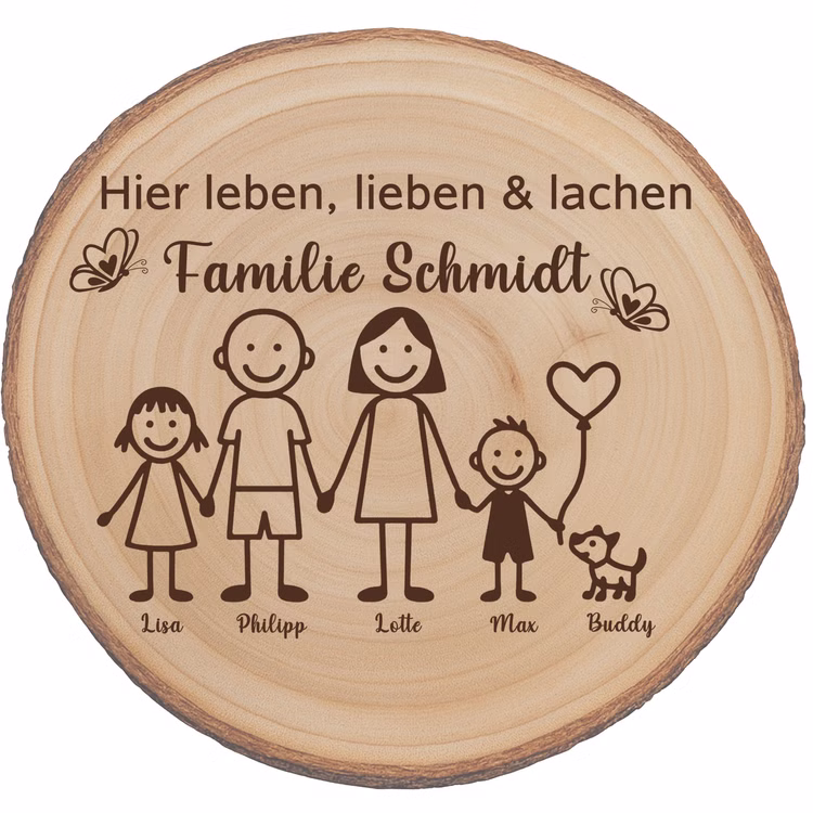 Baumscheibe 30 cm Familie Individuelles Willkommensschild mit Kindern & Hund Zuhause Deko & Geschenk Eingangsbereich Geschenk für Familie und Freunde Einzug Herzlich Willkommen Holzscheibe personalisiert Runde Holzscheibe mit Rinde und Lasergravur einer Familie mit Vornamen, personalisiert mit dem Titel ‚Familie Schmidt‘