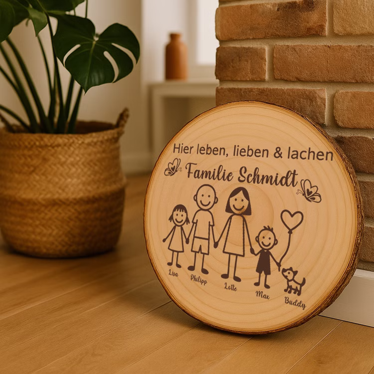 Baumscheibe 30 cm Familie Individuelles Willkommensschild mit Kindern & Hund Zuhause Deko & Geschenk Eingangsbereich Geschenk für Familie und Freunde Einzug Herzlich Willkommen Holzscheibe personalisiert Holz-Baumscheibe mit Familiengravur dekorativ an eine gemauerte Wohnzimmerwand gelehnt, daneben Pflanzenkorb und Hausdekoration.
