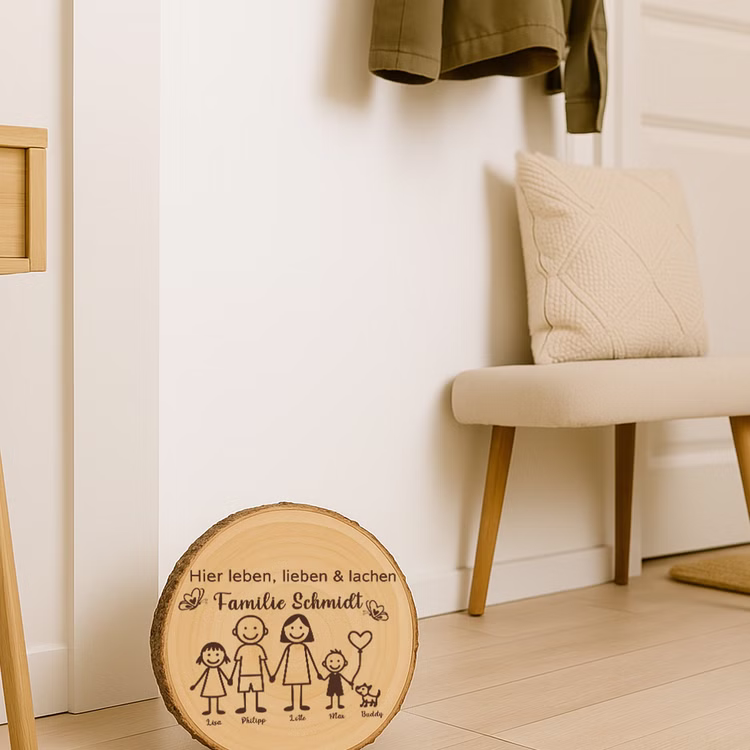 Baumscheibe 30 cm Familie Individuelles Willkommensschild mit Kindern & Hund Zuhause Deko & Geschenk Eingangsbereich Geschenk für Familie und Freunde Einzug Herzlich Willkommen Holzscheibe personalisiert Personalisierte Holzscheibe mit Familienmotiv im hellen Flur, neben einer Sitzbank und aufgehängten Jacken platziert