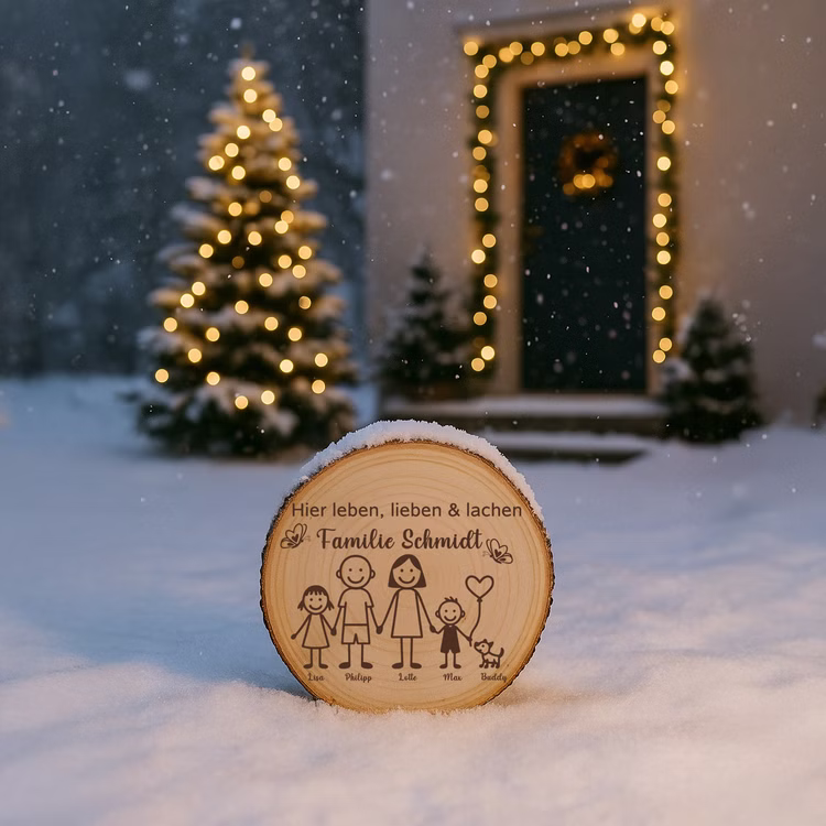 Baumscheibe 30 cm Familie Individuelles Willkommensschild mit Kindern & Hund Zuhause Deko & Geschenk Eingangsbereich Geschenk für Familie und Freunde Einzug Herzlich Willkommen Holzscheibe personalisiert Familien-Baumscheibe im verschneiten Garten vor einem festlich beleuchteten Hauseingang, mit Weihnachtsbaum im Hintergrund.