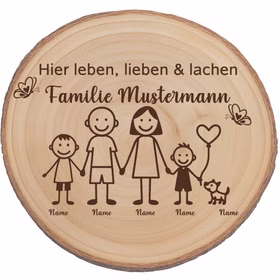 Baumscheibe 30 cm Familie Willkommensschild personalisiert mit zwei Jungen & Hund Zuhause Deko & Geschenk Eingangsbereich Geschenk für Familie und Freunde Einzug Herzlich Willkommen Holzscheibe personalisiert Abgebildet ist eine runde Baumscheibe aus Paulownia-Holz mit dem gravierten Schriftzug „Hier leben, lieben & lachen – Familie Mustermann“ und einer Illustration aus Eltern, zwei Jungen und einem kleinen Hund.
