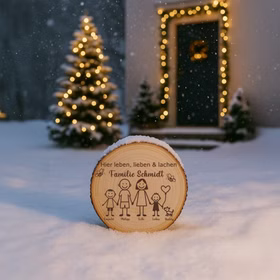 Baumscheibe 30 cm Familie Willkommensschild personalisiert mit zwei Jungen & Hund Zuhause Deko & Geschenk Eingangsbereich Geschenk für Familie und Freunde Einzug Herzlich Willkommen Holzscheibe personalisiert Die personalisierte Familien-Baumscheibe steht im verschneiten Vorgarten, umgeben von Lichterketten und Weihnachtsdeko. Im Hintergrund ist die festlich beleuchtete Haustür zu sehen.