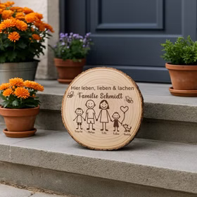Baumscheibe 30 cm Familie Willkommensschild personalisiert mit zwei Jungen & Hund Zuhause Deko & Geschenk Eingangsbereich Geschenk für Familie und Freunde Einzug Herzlich Willkommen Holzscheibe personalisiert Die gravierte Baumscheibe steht auf einer Steintreppe, umgeben von Blumentöpfen, und dient als einladendes Willkommensschild vor der Haustür.