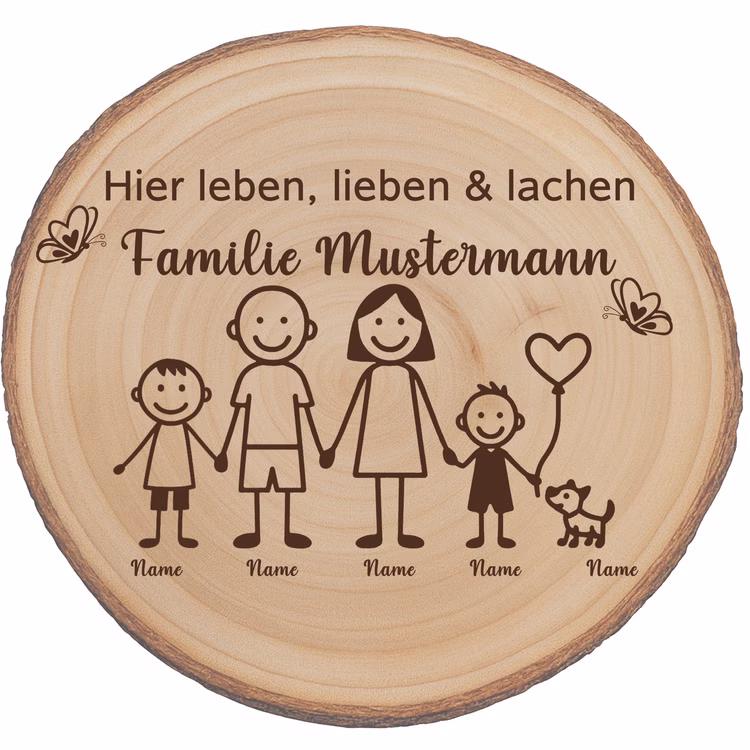 Baumscheibe 30 cm Familie Willkommensschild personalisiert mit zwei Jungen & Hund Zuhause Deko & Geschenk Eingangsbereich Geschenk für Familie und Freunde Einzug Herzlich Willkommen Holzscheibe personalisiert Abgebildet ist eine runde Baumscheibe aus Paulownia-Holz mit dem gravierten Schriftzug „Hier leben, lieben & lachen – Familie Mustermann“ und einer Illustration aus Eltern, zwei Jungen und einem kleinen Hund.