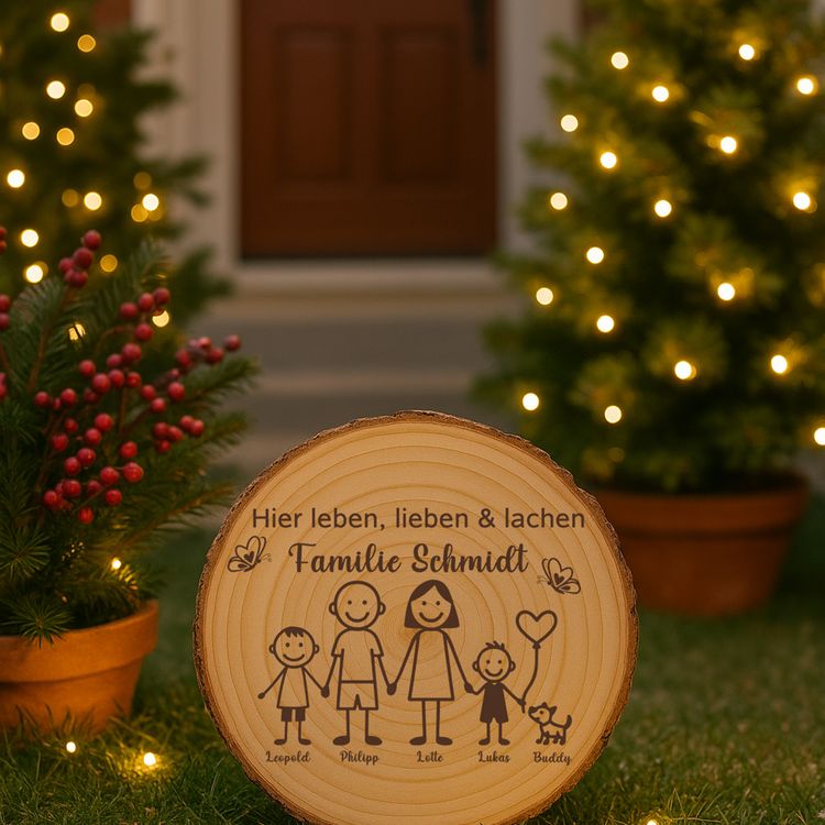 Die gravierte Baumscheibe steht auf einer Steintreppe, umgeben von Blumentöpfen, und dient als einladendes Willkommensschild vor der Haustür.