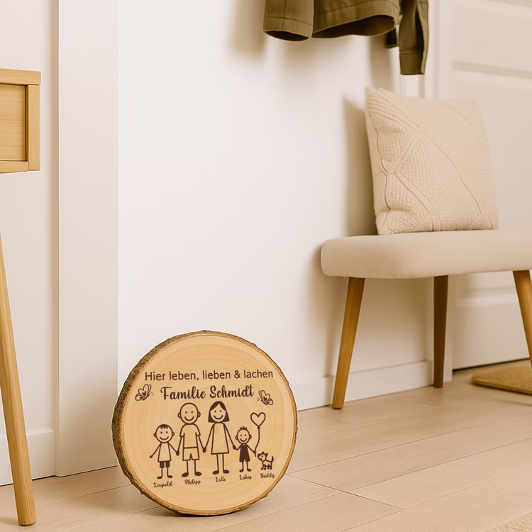 Baumscheibe 30 cm Familie Willkommensschild personalisiert mit zwei Jungen & Hund Zuhause Deko & Geschenk Eingangsbereich Geschenk für Familie und Freunde Einzug Herzlich Willkommen Holzscheibe personalisiert Die personalisierte Familien-Baumscheibe lehnt dekorativ an der Wand eines modernen Eingangsbereichs mit Holzbank und hellen Accessoires.