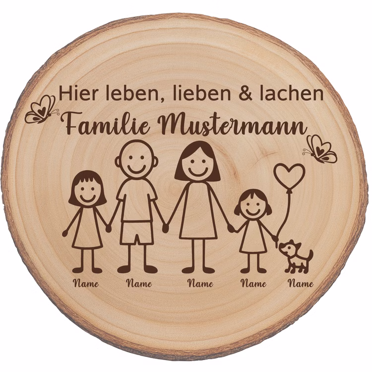 Baumscheibe 30 cm Familie Willkommensschild personalisiert mit Mädchen & Hund Zuhause Deko & Geschenk Eingangsbereich Geschenk für Familie und Freunde Einzug Herzlich Willkommen Holzscheibe personalisiert Abgebildet ist eine runde Baumscheibe aus Paulownia-Holz mit dem gravierten Schriftzug „Hier leben, lieben & lachen – Familie Mustermann“ und einer Illustration aus Eltern, zwei Mädchen und einem kleinen Hund.