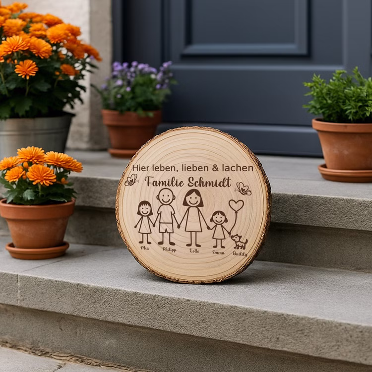 Baumscheibe 30 cm Familie Willkommensschild personalisiert mit Mädchen & Hund Zuhause Deko & Geschenk Eingangsbereich Geschenk für Familie und Freunde Einzug Herzlich Willkommen Holzscheibe personalisiert Die gravierte Baumscheibe steht auf einer Steintreppe, umgeben von Blumentöpfen, und dient als einladendes Willkommensschild vor der Haustür.
