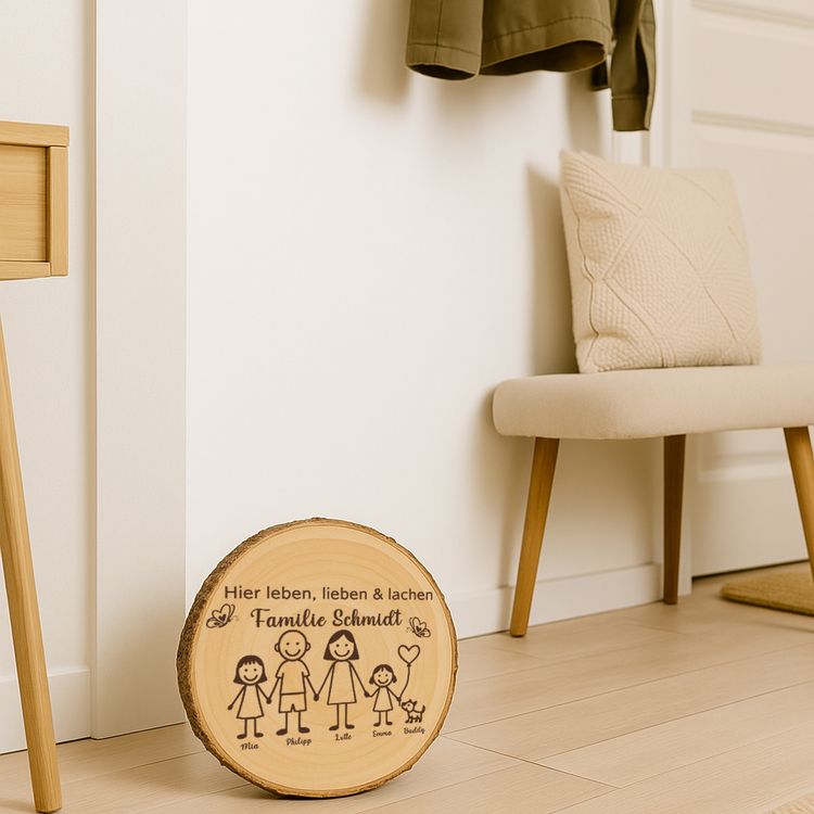 Baumscheibe 30 cm Familie Willkommensschild personalisiert mit Mädchen & Hund Die gravierte Baumscheibe steht auf einer Steintreppe, umgeben von Blumentöpfen, und dient als einladendes Willkommensschild vor der Haustür.