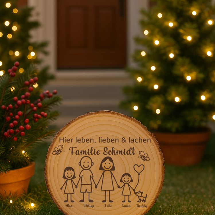 Baumscheibe 30 cm Familie Willkommensschild personalisiert mit Mädchen & Hund Die gravierte Baumscheibe steht auf einer Steintreppe, umgeben von Blumentöpfen, und dient als einladendes Willkommensschild vor der Haustür.