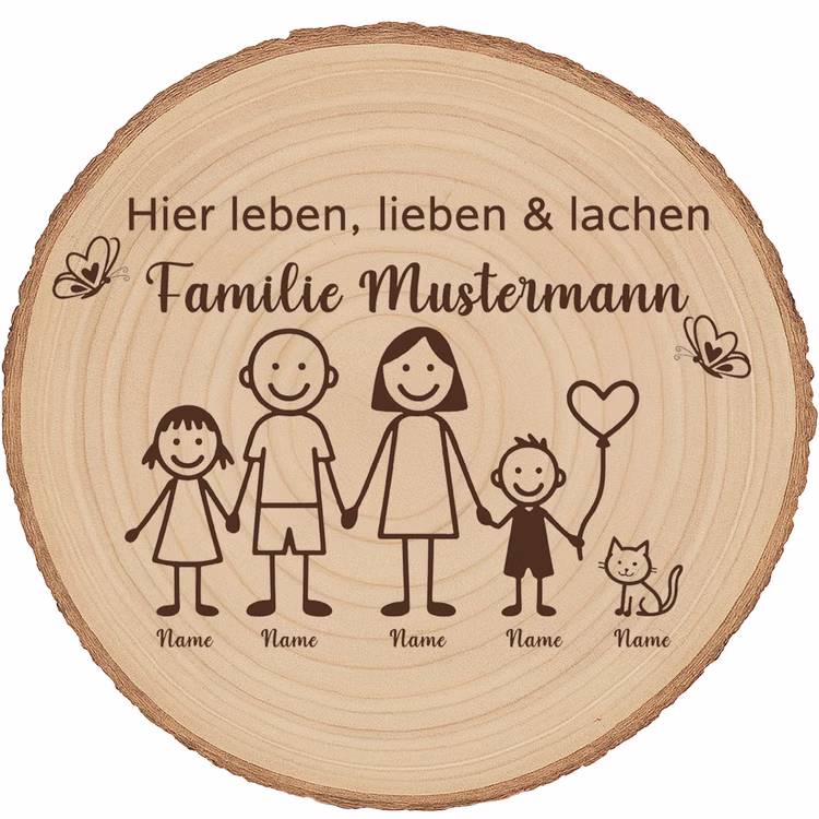 Baumscheibe 30 cm Familie Willkommensschild personalisiert mit Kindern & Katze Zuhause Deko & Geschenk Eingangsbereich Geschenk für Familie und Freunde Einzug Herzlich Willkommen Holzscheibe personalisiert Runde Baumscheibe aus hellem Holz mit Rinde und personalisierter Gravur „Hier leben, lieben & lachen – Familie Mustermann“ sowie Strichmännchen von Eltern, zwei Mädchen und einer Katze auf weißem Hintergrund.