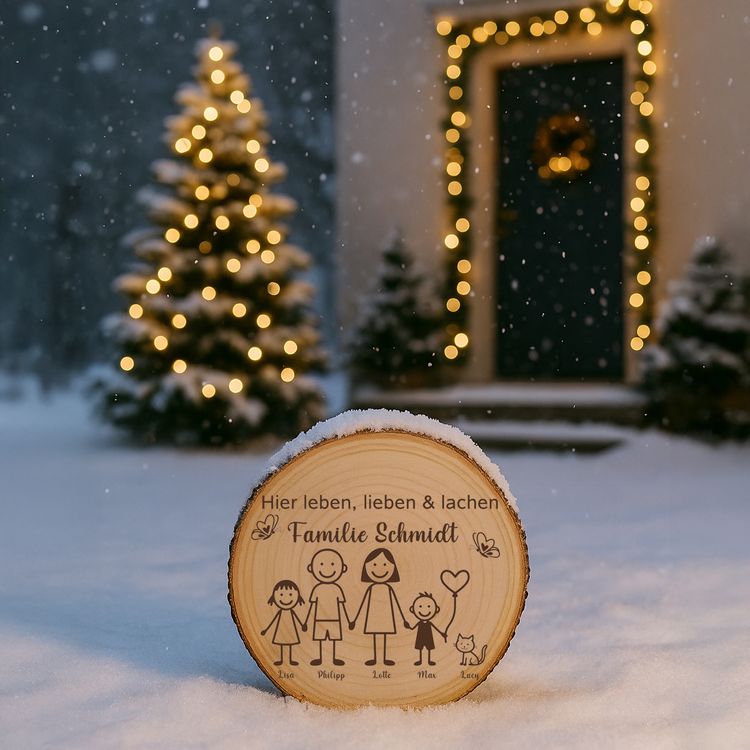 Baumscheibe 30 cm Familie Willkommensschild personalisiert mit Kindern & Katze Personalisierte Holzscheibe als Deko-Element in einem modernen Wohnraum neben einer Backsteinwand und einer Zimmerpflanze.